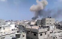 Illustrative image of an explosion in the Gaza Strip on August 6, 2015 (screen capture: Ebrahim Jihad Yousif/Facebook)
