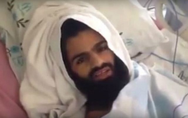Palestinian terror suspect Mohammad Allaan addresses supporters from his Ashkelon hospital bed after he ended his 65-day hunger strike, in a video message released August 21, 2015. (Screen capture: YouTube) Palestinian terror suspect Mohammad Allaan addresses supporters from his Ashkelon hospital bed after he ended his 65-day hunger strike, in a video message released August 21, 2015. (Screen capture: YouTube)