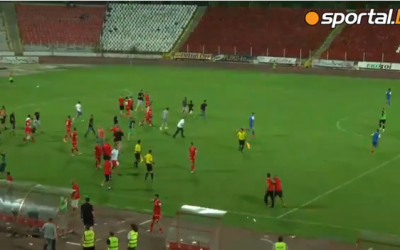Israeli soccer players run off the field as Bulgarian fans attack them during a match in Sofia on August 2, 2015 (Screen capture via YouTube)