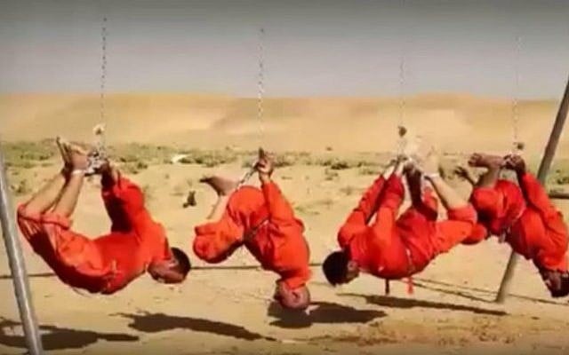 Four Iraqi Shiite fighters shown before being burned alive in an Islamic State video (YouTube screen capture) Four Iraqi Shiite fighters shown before being burned alive in an Islamic State video (YouTube screen capture)