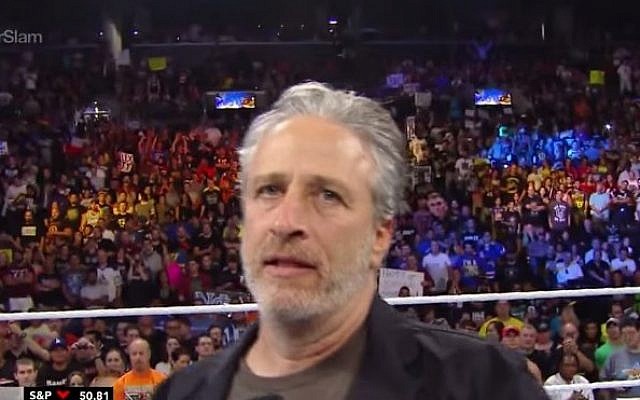 Jon Stewart at the WWE SummerSlam (YouTube screen capture)