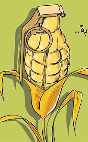An anti-Hamas cartoon protests the attempted suicide of corn vendor Muhammed Abu Asi (screen capture)
