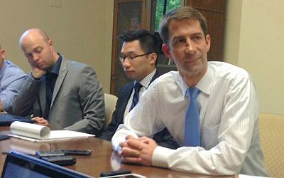 Sen. Tom Cotton speaking to Israeli reporters in his Washington office, August 4, 2015 (Raphael Ahren) Sen. Tom Cotton speaking to Israeli reporters in his Washington office, August 4, 2015 (Raphael Ahren)