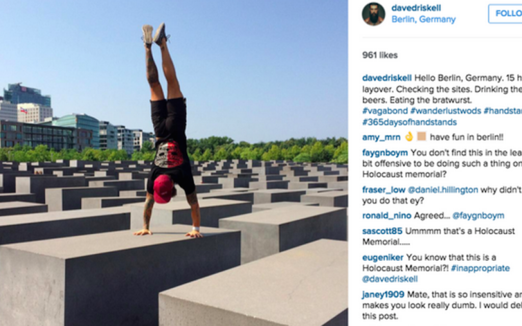 CrossFit coach Dave Driskell doing a handstand on the Memorial to the Murdered Jews of Europe on Aug. 10, 2015, in Berlin, Germany. (Instagram, via Buzzfeed) CrossFit coach Dave Driskell doing a handstand on the Memorial to the Murdered Jews of Europe on Aug. 10, 2015, in Berlin, Germany. (Instagram, via Buzzfeed)
