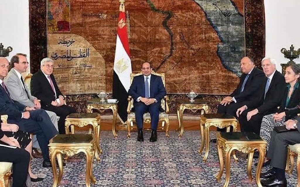 Egyptian President Abdelfattah El Sissi, center, meeting a six-person delegation from the American Jewish Committee, July 2015. (JTA/Courtesy of Ken Bandler) Egyptian President Abdelfattah El Sissi, center, meeting a six-person delegation from the American Jewish Committee, July 2015. (JTA/Courtesy of Ken Bandler)