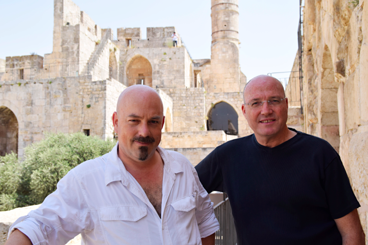 Designers and friends Haim Parnas and Ezri Tarazi (right) in the Tower of David (Hamutal Wachtal)