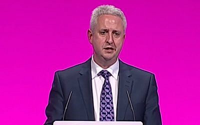 British Jewish Labour MP Ivan Lewis addresses his party's annual conference in Manchester in September 2014. (screen capture:YouTube)