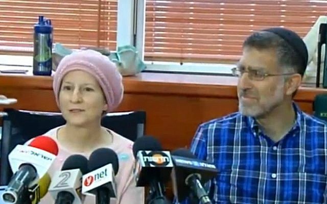 Sarah and Gedaliya Mayer, the parents of alleged Jewish extremist Mordechai Mayer, talk to the media about their son's administrative detention, on August 5, 2015. (screen capture: Channel 2) Sarah and Gedaliya Mayer, the parents of alleged Jewish extremist Mordechai Mayer, talk to the media about their son's administrative detention, on August 5, 2015. (screen capture: Channel 2)