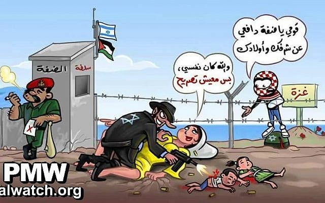 A cartoon published by Hamas depicting a Haredi-garbed Jew raping a Palestinian woman who represents the West Bank. (Palestinian Media Watch)