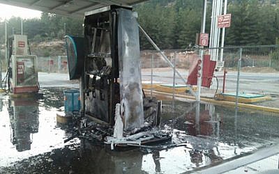 The aftermath of a suspected arson attack at a gas station on Route 60 in the West Bank, August 14, 2015. (Judea and Samaria Fire Department)