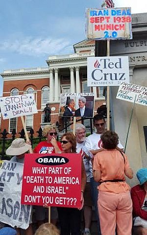 Bostonians gathered outside the Massachusetts State House to protest the proposed nuclear deal with Iran on August 30, 2015. (Matt Lebovic/The Times of Israel)