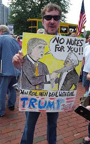 A protester outside the Massachusetts State House  on August 30, 2015, when up to 1,000 Bostonians gathered to protest the proposed nuclear deal with Iran. (Matt Lebovic/The Times of Israel)