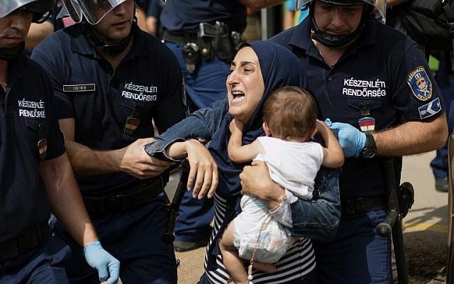 A migrant family is arrested by local police after their local train coming from Budapest and heading to the Austrian border has been stopped in Bicske, west of the Hungarian capital on September 3, 2015. (AFP PHOTO / ISTVAN BIELIK)