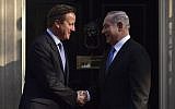 Britain's Prime Minister David Cameron, left, greets Prime Minister Benjamin Netanyahu outside 10 Downing Street ahead of a meeting in London, September 10, 2015. (AFP/Leon Neal)