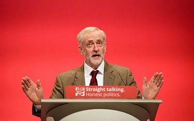 File: Britain's Labour Party Leader Jeremy Corbyn speaking at the annual Labour Party Conference in Brighton, south east England, September 29, 2015.  (AFP/Leon Neal)