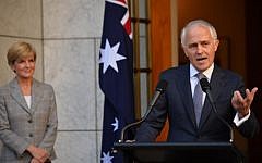 New Australian Prime Minister Malcolm Turnbull (R) announces his new cabinet at a press conference as Minister for Foreign Affairs Julie Bishop (L) looks on in Canberra on September 20, 2015. (Peter Parks/AFP)