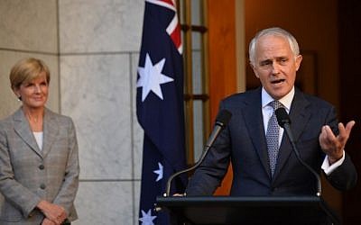 New Australian Prime Minister Malcolm Turnbull (R) announces his new cabinet at a press conference as Minister for Foreign Affairs Julie Bishop (L) looks on in Canberra on September 20, 2015. (Peter Parks/AFP)