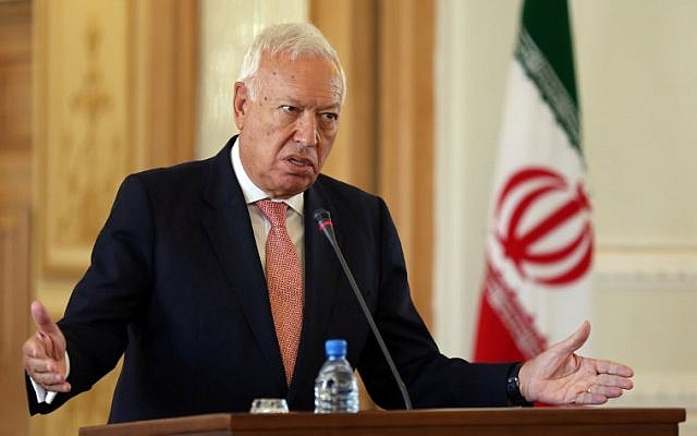 Spanish Foreign Affairs and Cooperation Minister Jose Garcia-Margallo speaks during a joint press conference with his Iranian counterpart Mohammad Javad Zarif (unseen) on September 7, 2015 in the Iranian capital, Tehran. (AFP Photo/Atta Kenare) Spanish Foreign Affairs and Cooperation Minister Jose Garcia-Margallo speaks during a joint press conference with his Iranian counterpart Mohammad Javad Zarif (unseen) on September 7, 2015 in the Iranian capital, Tehran. (AFP Photo/Atta Kenare)