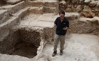 Israeli archeologist Amit Re'em, of the Israel Antiquities Authority, at the excavation site where a large mausoleum was recently uncovered close to the central Israeli city of Modiin, during an excavation in search of the real location of the Tomb of the Maccabees, September 21, 2015. (AFP/Gali Tibbon)