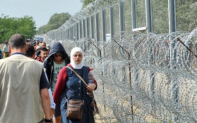Migrants and refugees walk near razor-wire along a 3-meter-high fence at the official border crossing between Serbia and Hungary, near the northern Serbian town of Horgos on September 15, 2015. (AFP PHOTO / ELVIS BARUKCIC)