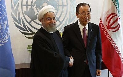 United Nations Secretary-General Ban Ki-moon meets with Iranian President Hassan Rouhani at the United Nations in New York on September 26, 2015. (AFP/DOMINICK REUTER) United Nations Secretary-General Ban Ki-moon meets with Iranian President Hassan Rouhani at the United Nations in New York on September 26, 2015. (AFP/DOMINICK REUTER)