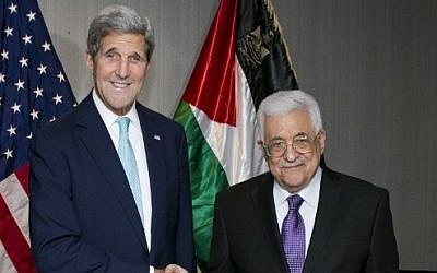 US Secretary of State John Kerry meets with Palestinian President Mahmoud Abbas at the Grand Hyatt Hotel in New York on September 26, 2015. (AFP/Dominick Reuter) US Secretary of State John Kerry meets with Palestinian President Mahmoud Abbas at the Grand Hyatt Hotel in New York on September 26, 2015. (AFP/Dominick Reuter)