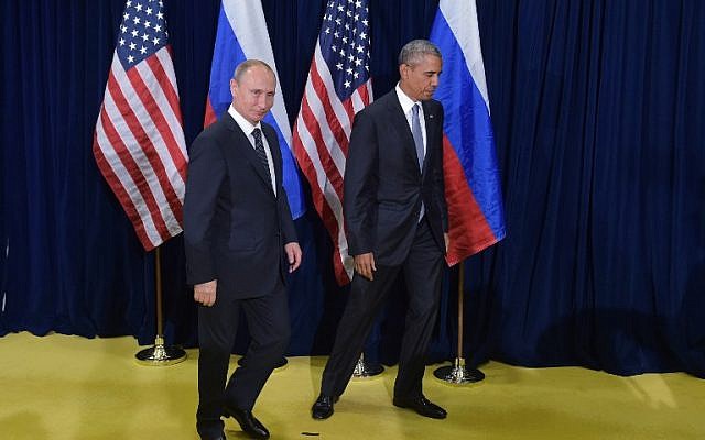 US President Barack Obama and Russia's President Vladimir Putin leave after posing for a photo ahead of a bilateral meeting on the sidelines of the 70th session of the UN General Assembly at the United Nations headquarters on September 28, 2015 in New York. (AFP PHOTO/MANDEL NGAN) US President Barack Obama and Russia's President Vladimir Putin leave after posing for a photo ahead of a bilateral meeting on the sidelines of the 70th session of the UN General Assembly at the United Nations headquarters on September 28, 2015 in New York. (AFP PHOTO/MANDEL NGAN)