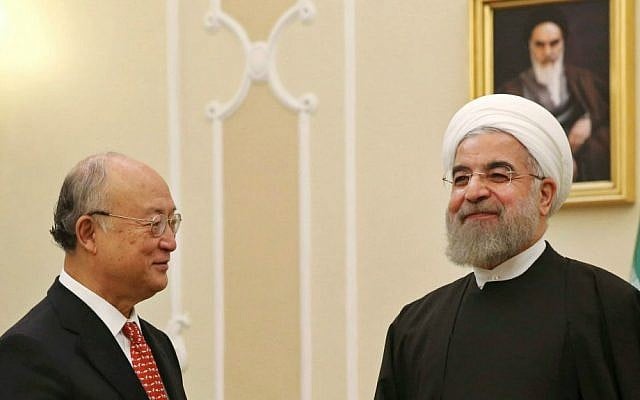 Iranian President Hassan Rouhani (right), welcomes UN nuclear chief Yukiya Amano for their meeting in Tehran, Iran, September 20, 2015. (AP/Vahid Salemi) Iranian President Hassan Rouhani (right), welcomes UN nuclear chief Yukiya Amano for their meeting in Tehran, Iran, September 20, 2015. (AP/Vahid Salemi)