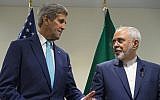 Then US secretary of state John Kerry, left, meets with Iranian Foreign Minister Mohammad Javad Zarif at United Nations headquarters on September 26, 2015. (AP/Craig Ruttle)