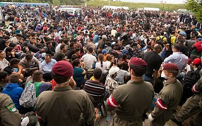 Migrants queue up for buses after they arrived at the border between Austria and Hungary near Heiligenkreuz, about 180 kilometers (110 miles) south of Vienna, Austria, Saturday, Sept. 19, 2015.  (AP/Christian Bruna)