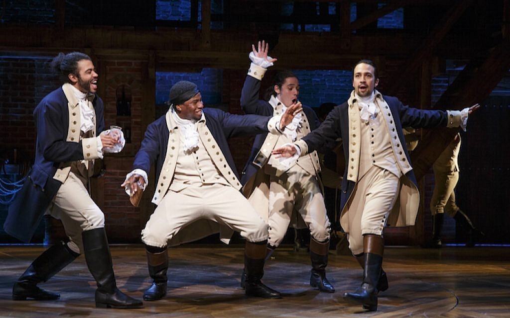 A scene from 'Hamilton.' From left, Daveed Diggs, Okieriete Onaodowan, Anthony Ramos and Lin-Manuel Miranda. (Joan Marcus/via JTA) A scene from 'Hamilton.' From left, Daveed Diggs, Okieriete Onaodowan, Anthony Ramos and Lin-Manuel Miranda. (Joan Marcus/via JTA)