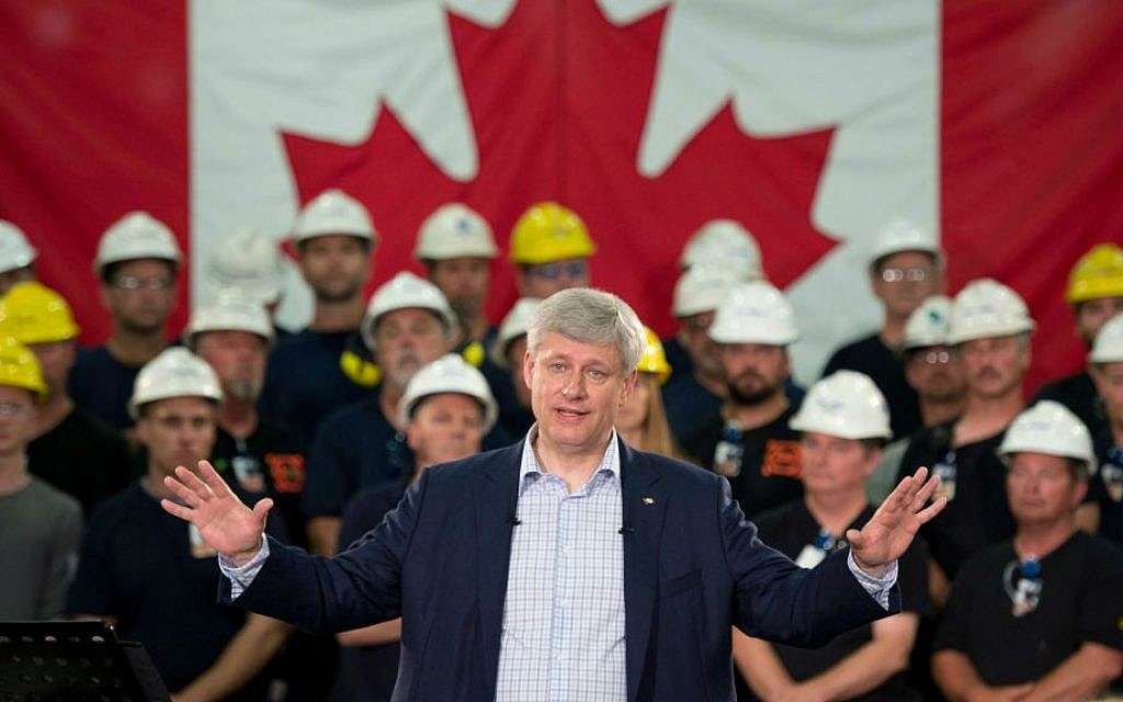 In this Tuesday, Sept. 1, 2015 file photo, Prime Minister Stephen Harper speaks during a campaign stop at a steel manufacturer in Burlington, Ontario, Canada. (Adrian Wyld/The Canadian Press via AP) In this Tuesday, Sept. 1, 2015 file photo, Prime Minister Stephen Harper speaks during a campaign stop at a steel manufacturer in Burlington, Ontario, Canada. (Adrian Wyld/The Canadian Press via AP)
