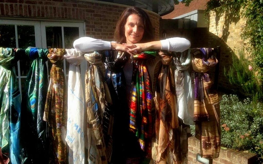 Celia Gould, the wife of Britain's former ambassador to Israel Matthew Gould, shows off her new collection of scarf designs in her UK home. (Jenni Frazer/The TImes of Israel) Celia Gould, the wife of Britain's former ambassador to Israel Matthew Gould, shows off her new collection of scarf designs in her UK home. (Jenni Frazer/The TImes of Israel)