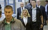 Sara Netanyahu arrives to testify at the Menny Naftali trial at the Jerusalem Labor Court on May 10, 2015. (Yonatan Sindel/Flash90)