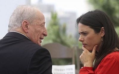 Justice Minister Ayelet Shaked, right, and then-attorney general Yehuda Weinstein, Jerusalem, May 19, 2015. (Marc Israel Sellem/Flash90) Justice Minister Ayelet Shaked, right, and then-attorney general Yehuda Weinstein, Jerusalem, May 19, 2015. (Marc Israel Sellem/Flash90)
