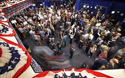 Journalists, candidates and their representatives crowd the spin room following the CNN Republican presidential debate at the Ronald Reagan Presidential Library and Museum on Wednesday, Sept. 16, 2015, in Simi Valley, Calif. (AP/Mark J. Terrill) Journalists, candidates and their representatives crowd the spin room following the CNN Republican presidential debate at the Ronald Reagan Presidential Library and Museum on Wednesday, Sept. 16, 2015, in Simi Valley, Calif. (AP/Mark J. Terrill)