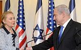 Prime Minister Benjamin Netanyahu meets then-US secretary of state Hillary Clinton at the Prime Minister's Office in Jerusalem, November 20, 2012. (Avi Ohayon/GPO via Getty Images)