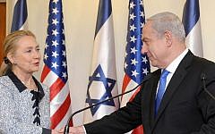 Prime Minister Benjamin Netanyahu meets then-US secretary of state Hillary Clinton at the Prime Minister's Office in Jerusalem, November 20, 2012. (Avi Ohayon/GPO via Getty Images)