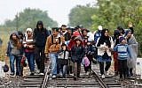 A group of migrants cross the Serbian-Hungarian border near Roszke, southern Hungary, September 10, 2015. (AP/Matthias Schrader)