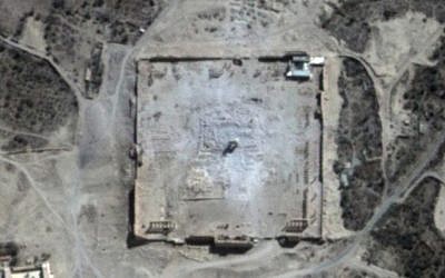 This Monday, August 31, 2015 satellite image provided by UNITAR-UNOSAT shows damage to the main building of the ancient Temple of Bel in the Palmyra, Syria (UrtheCast, UNITAR-UNOSAT via AP)