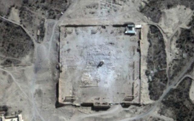 This Monday, August 31, 2015 satellite image provided by UNITAR-UNOSAT shows damage to the main building of the ancient Temple of Bel in the Palmyra, Syria (UrtheCast, UNITAR-UNOSAT via AP) This Monday, August 31, 2015 satellite image provided by UNITAR-UNOSAT shows damage to the main building of the ancient Temple of Bel in the Palmyra, Syria (UrtheCast, UNITAR-UNOSAT via AP)