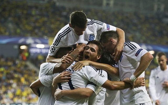 Dynamo Kiev players celebrate after they scored against Maccabi Tel Aviv during a group G Champions League soccer match in Haifa, Israel, Tuesday, Sept. 29, 2015. (AP/Ariel Schalit) Dynamo Kiev players celebrate after they scored against Maccabi Tel Aviv during a group G Champions League soccer match in Haifa, Israel, Tuesday, Sept. 29, 2015. (AP/Ariel Schalit)