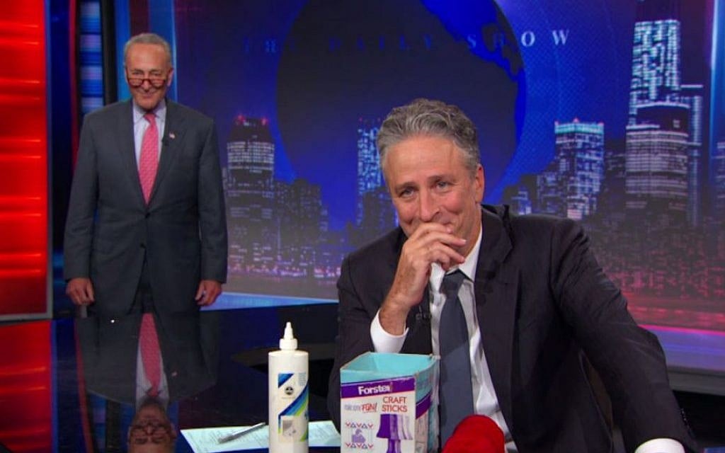 Sen. Chuck Schumer made a surprise appearance on 'The Daily Show' as Jon Stewart looked back at his Jewish moments as host, July 23, 2015. (Daily Show screenshot via JTA) Sen. Chuck Schumer made a surprise appearance on 'The Daily Show' as Jon Stewart looked back at his Jewish moments as host, July 23, 2015. (Daily Show screenshot via JTA)