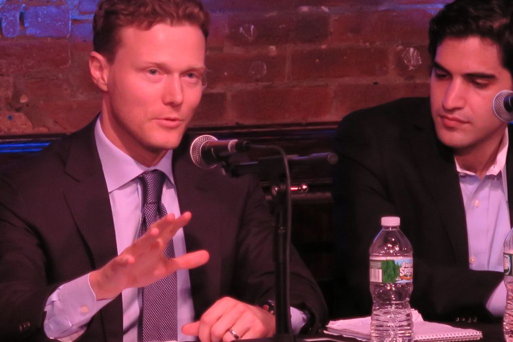 Matthew Kroenig, a professor at Georgetown University and author of a recent book about the Iran deal, argued against the agreement while Harry Enten, a political writer for the news website fivethirtyeight.com, moderated the September 4, 2015 Comedy Cellar debate. (Luke Tress/The Times of Israel) Matthew Kroenig, a professor at Georgetown University and author of a recent book about the Iran deal, argued against the agreement while Harry Enten, a political writer for the news website fivethirtyeight.com, moderated the September 4, 2015 Comedy Cellar debate. (Luke Tress/The Times of Israel)