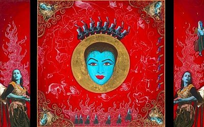 'Lilith Lair Triptich' by Siona Benjamin, who painted faces in blue to mirror the displacement she has felt as a brown-skinned Indian Jew in her mostly white town in New Jersey (Courtesy: Siona Benjamin and Flomenhaft Gallery)