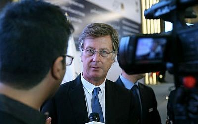Sebastien Bazin, chairman and CEO of AccorHotels, a French hotel chain, speaks during an interview with The Associated Press after signing an agreement with Mehdi Jahangiri, chairman of Iran's Aria Ziggurat Tourism Development Company, at a newly built Novotel hotel near the International Imam Khomeini Airport, some 25 miles (40 kilometers) south of Tehran, Iran, Tuesday, Sept. 15, 2015. (AP Photo/Vahid Salemi)