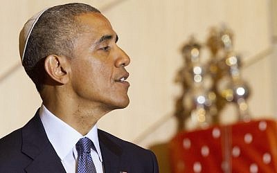 President Barack Obama, wearing a yarmulke, speaks at Adas Israel Congregation in Washington, Friday May 22, 2015, as part of Jewish American Heritage Month. (AP Photo/Jacquelyn Martin)