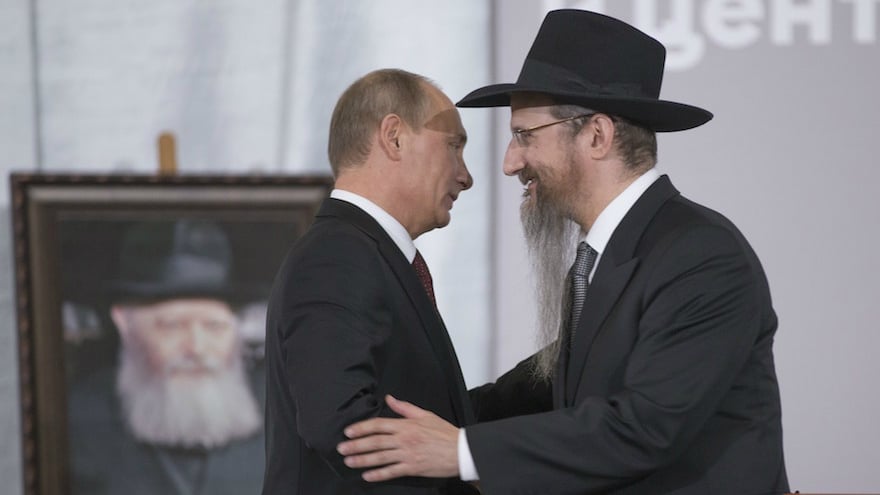 Russian President Vladimir Putin, left, is greeted by Russia’s Chief Rabbi Berel Lazar in Moscow, June 13, 2013. (Alexander Zemlianichenko/AP Images/via JTA) Russian President Vladimir Putin, left, is greeted by Russia’s Chief Rabbi Berel Lazar in Moscow, June 13, 2013. (Alexander Zemlianichenko/AP Images/via JTA)