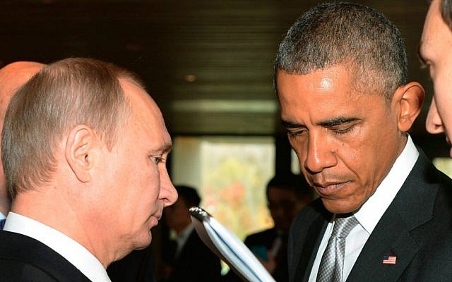 This is a Tuesday, Nov. 11, 2014 file photo of Russian President Vladimir Putin, left, and US President Barack Obama, as they talk on the sidelines of the Asia-Pacific Economic Cooperation (APEC) Summit in Beijing. (AP Photo/RIA Novosti, Presidential Press Service, File)