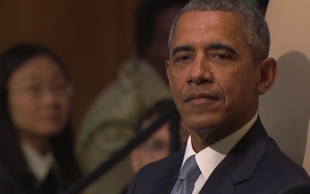 President Barack Obama waits to speak to the UN General Assembly, September 28, 2015 (UN screenshot) President Barack Obama waits to speak to the UN General Assembly, September 28, 2015 (UN screenshot)